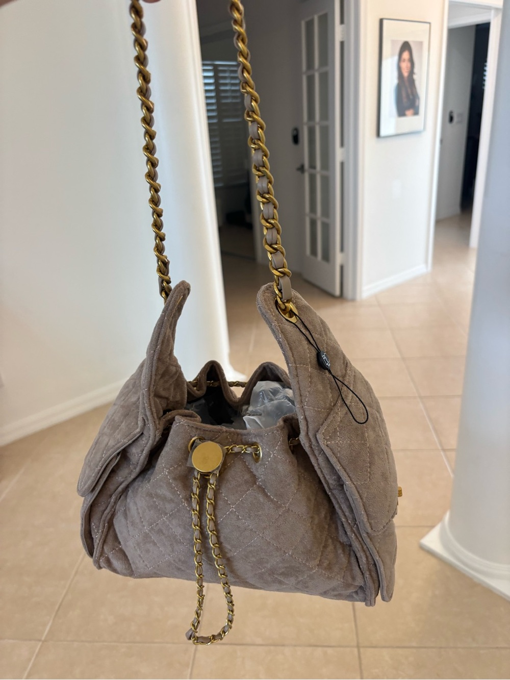Quilted Taupe Suede Shoulder Bag with Gold Chain Strap